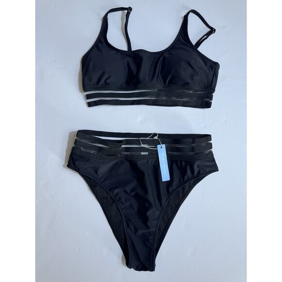 Women's‎ High Waisted Bikini Cut Out Sports Crop Top Color Block Swimsuit Sz M - Picture 4 of 6